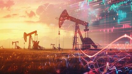 Oil pumps in a field at sunset with superimposed financial charts and graphs, illustrating the concept of rising gasoline prices.