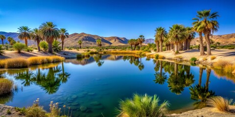 Palm Oasis Reflecting in a Desert Pool, Palm Springs, California, Oasis, Desert, Reflection, Palm Tree