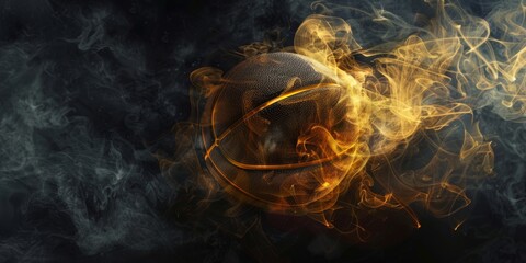 single basketball made of gold, Black background, soft smoke