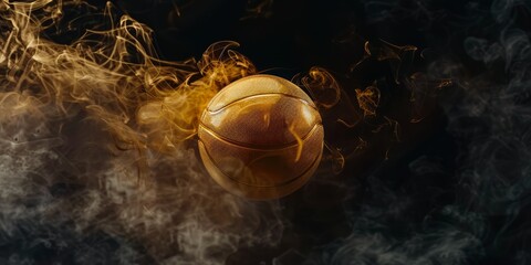 single basketball made of gold, Black background, soft smoke