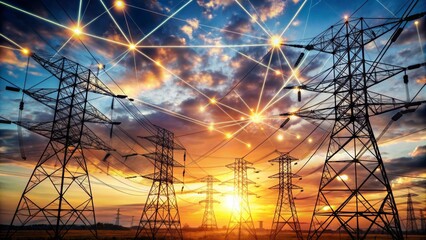 Power Lines at Sunset - Silhouettes of Power Towers against a Vibrant Sky, Electric Grid, Energy Transmission, Power Lines, Electricity