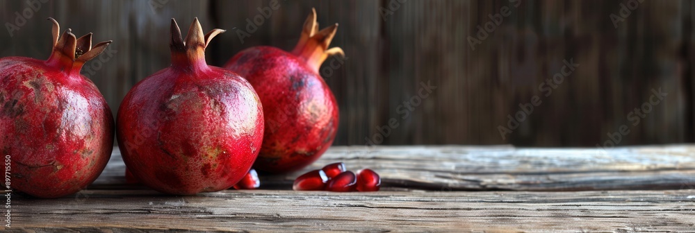Poster Three ripe pomegranates with seeds on a rustic wooden table. The pomegranates are red and shiny, with their stems and leaves intact.