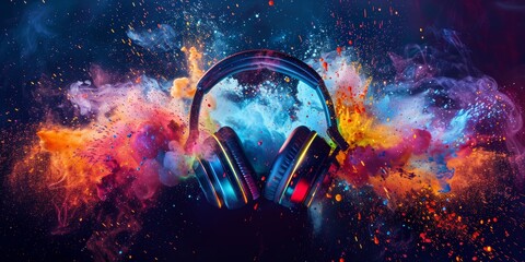 Stereo headphones exploding in festive colorful splash, dust and smoke with vibrant light effects on loud music sound