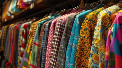 Clothing items made from stylish fabrics in a trendy store