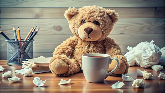 A grumpy-looking teddy bear sits on a messy desk surrounded by crumpled papers, broken pencils, and a tipped-over coffee cup, exuding frustration and discontent.