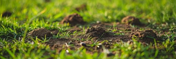 Detailed photo of molehills disrupting a well-maintained lawn Visible damage green grass