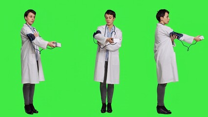 Healthcare specialist using a tonometer to measure high blood pressure and pulse, presenting tool used at checkup examinations. Doctor in white coat stands against greenscreen backdrop. Camera A.