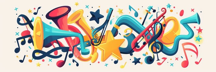 Colorful banner for Music Festival on June 21 with instruments, musical notes, and stars