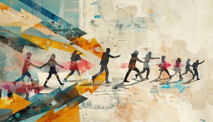 Ultra-sharp photo of a contemporary art collage portraying people moving towards arrows, reaching