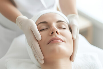 Professional female dermatologist doctor performing skincare health treatment on young woman in a dermatology cosmetology clinic. Patient examination, wellness rejuvenation salon.