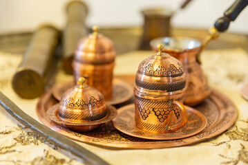 traditional Turkish coffee serving cup with copper inlay