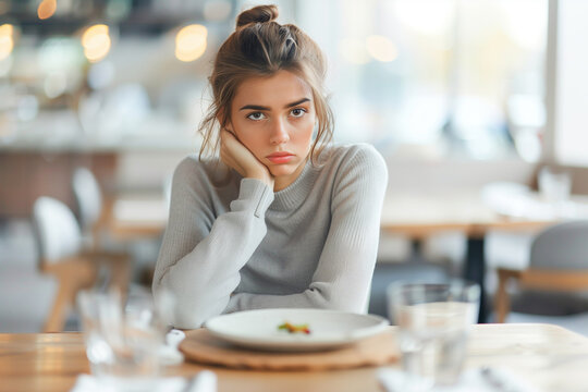 Young woman sitting at a restaurant table with a plate of meal in front of her, displaying a negative disgust face expression. Upset and frustrated customer with bad food taste pro