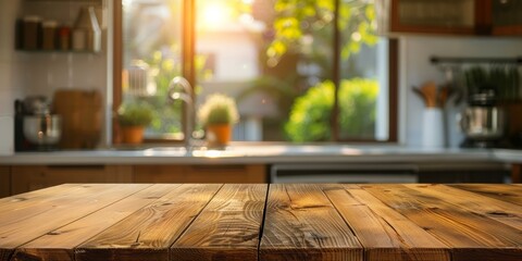 Table Wooden Kitchen Banner with Abstract warm tone, Blurred Background, Empty Space for Product Display in Modern Living, Empty Beautiful wood table top and blurred bokeh modern kitchen background
