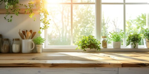Warm sunlight on a wooden kitchen countertop adorned with greenery and utensils. White and wood theme and minimalist. Concept of interior design and mockup, with copy space