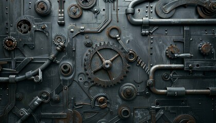 Ultra-sharp photo depicting a backdrop of metal textures with mechanical tools, pipes, cogs, wheels