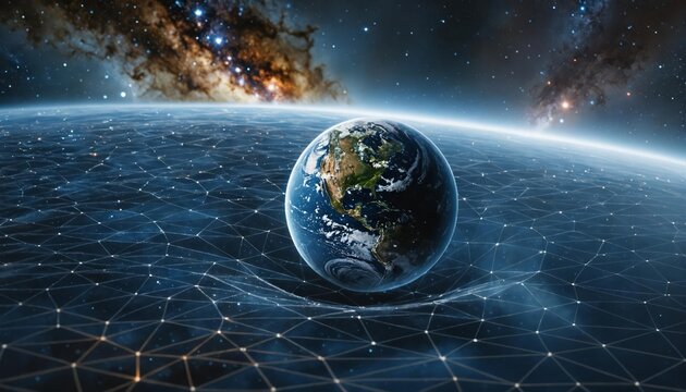 Representation of spacetime curvature, with the solar system's gravity force illustrating the bending of space by Earth, potentially representing gravity waves or relativity