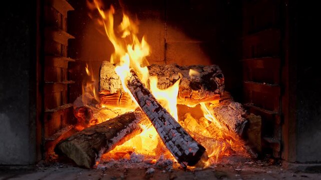 Enjoy a cozy indoor fireplace with burning logs and glowing embers for a warm ambiance