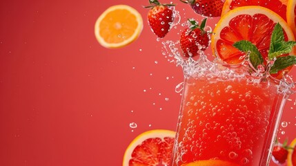 A refreshing portrayal of sparkling juice with bubbles and fruit slices bursting outward, creating an invigorating sparkling juice explosion, banner, with copy space