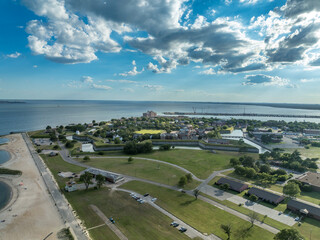 Aerial view of Fort Monroe former military installation in Hampton, Virginia, Old Point Comfort protecting the entrance to the bay with seven bastions