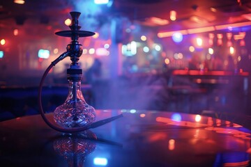 Crystal hookah standing on table in nightclub setting