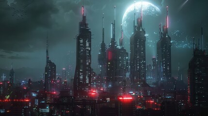 Obraz premium Martian city at night, with glowing lights and advanced infrastructure
