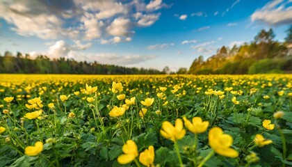 Close-Up of yellow buttercups on meadow against sunlight and blue sky
