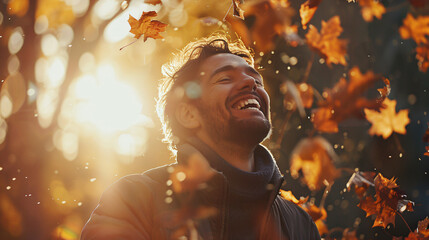 Young man chuckles while standing in an autumn forest as leaves flutter around him