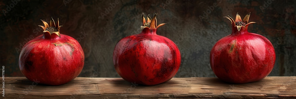 Poster three ripe pomegranates with seeds rest on a rustic wooden surface.