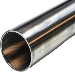 Close-up of a metallic tube with a distinct orange interior.