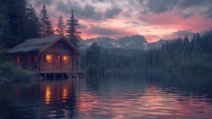 Fototapeta premium A cozy cabin by the lake at sunset, with glowing lights reflecting on the calm water and mountains in the background