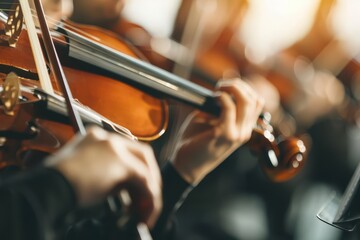 A vibrant image of an orchestra with sunlight filtering through a concert hall