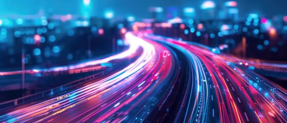 Fototapeta premium A visionary depiction of a smart city skyline with interconnected buildings and roads illuminated by vibrant