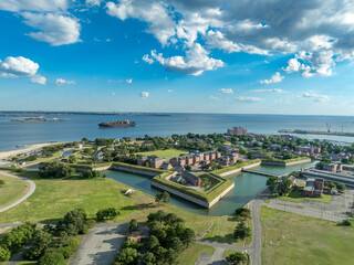 Aerial view of Fort Monroe former military installation in Hampton, Virginia, Old Point Comfort...