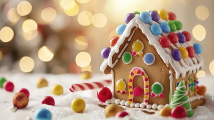 A whimsical scene of a gingerbread house decorated with colorful candies
