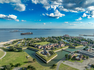 Aerial view of Fort Monroe former military installation in Hampton, Virginia, Old Point Comfort...
