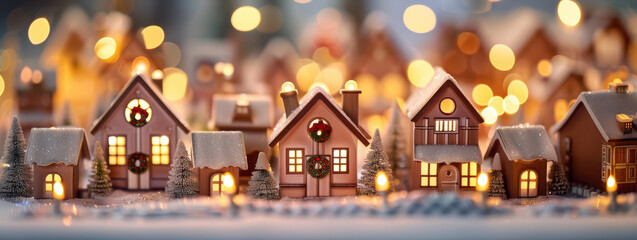 An enchanting depiction of a holiday village with charming houses illuminated by twinkling lights