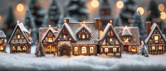 Obraz premium An enchanting depiction of a holiday village with charming houses illuminated by twinkling lights