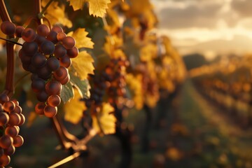 Fototapeta premium An enchanting scene of a vineyard at sunset with vines glowing in the warm light of autumn