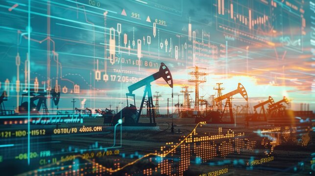 A field of oil pumpjacks is overlaid with a digital screen displaying financial charts, showcasing the rising price of gasoline.