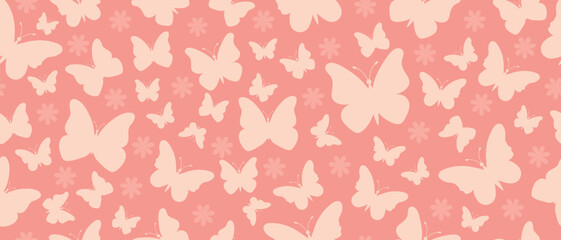 Seamless pattern with elegant silhouettes of butterflies on a peach background.