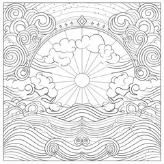 Black and white outline art for coloring page. Abstract beautiful detailed mandala art with waves and circles and the sun. Clean line art.