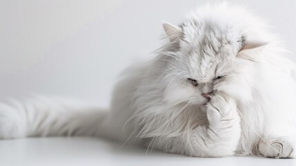 Fototapeta premium A fluffy Persian cat with long, flowing white fur, grooming itself meticulously against a pristine white background.
