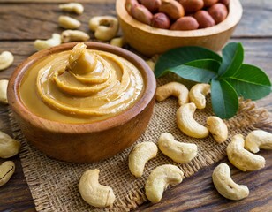 Nutritious cashew butter in wooden bowl and heap of nuts on table from above