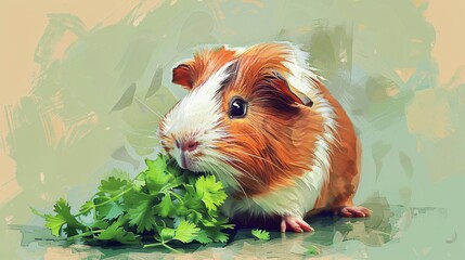 A brown and white guinea pig nibbling on a piece of cilantro, its nose twitching, against a light green background.