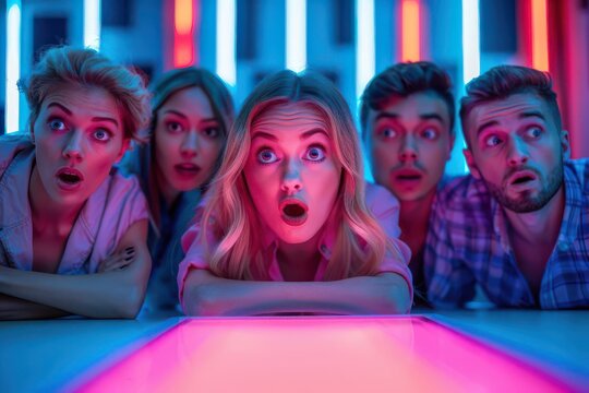 Group of amazed friends staring in awe at a vibrant light display, capturing a moment of excitement and surprise together.
