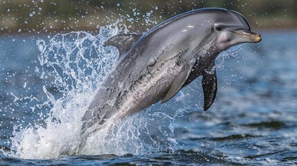 Obraz premium A playful bottlenose dolphin leaping gracefully from the water, its sleek body arched and a spray of droplets catching the sunlight.