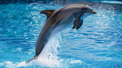 Naklejka premium A playful bottlenose dolphin leaping gracefully from the water, its sleek body arched and a spray of droplets catching the sunlight.