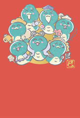 年賀状2025　七福神　巳年　巳　へび　蛇　はがきテンプレート　かわいい　イラスト素材