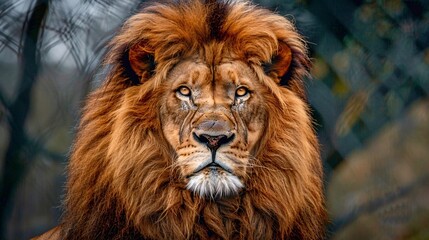 Fototapeta premium A regal lion with a flowing mane, staring intensely at the camera, its powerful muscles evident beneath its tawny fur.