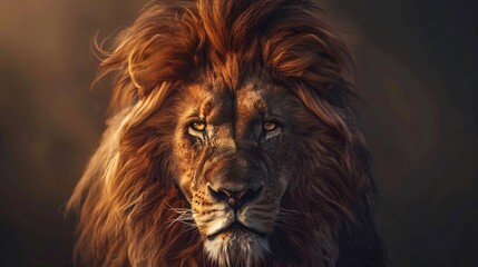 A regal lion with a flowing mane, staring intensely at the camera, its powerful muscles evident beneath its tawny fur.